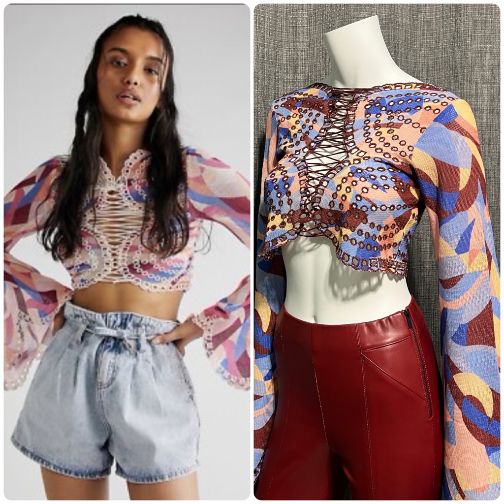 Nwt Free People Eyes On You Lace Up Top Pacific Combo Rare Trim Color Xs